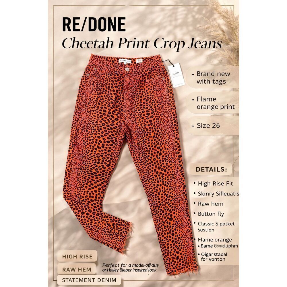RE/DONE Cheetah Print High Rise Crop Jeans Flame Orange Size 26 NWT